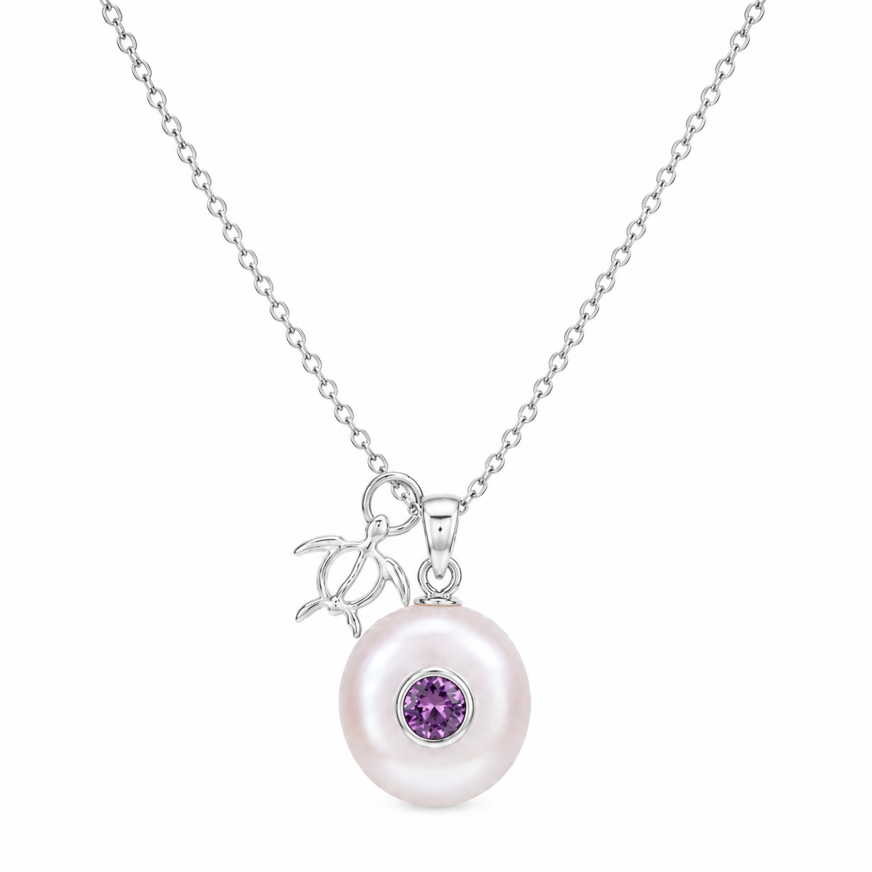 Sterling silver Birthstone Turtle Necklace with genuine pearl and February amethyst birthstone