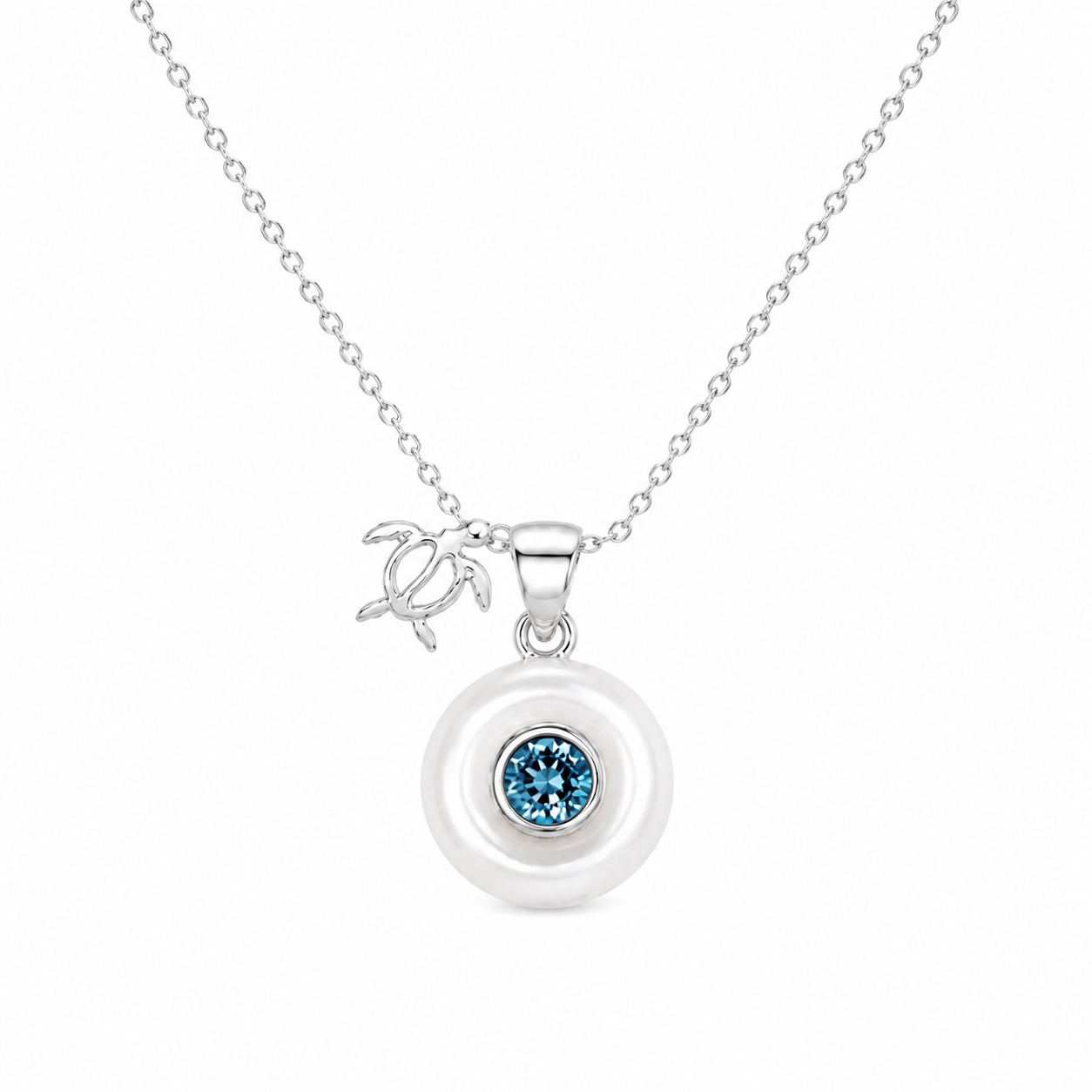 Sterling silver Birthstone Turtle Necklace with genuine pearl and March aquamarine birthstone.