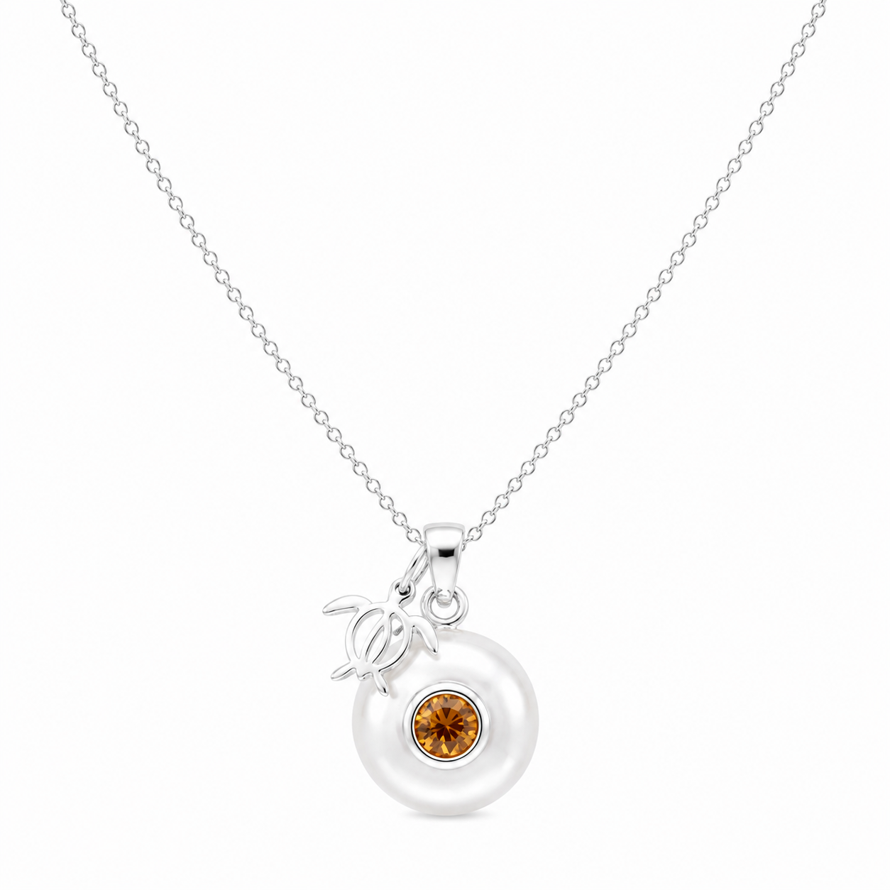Sterling silver Birthstone Turtle Necklace with genuine pearl and November citrine birthstone.