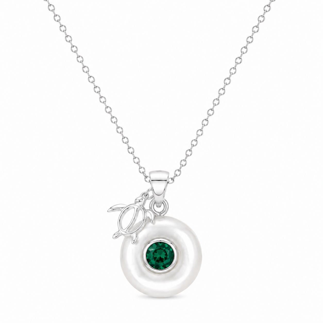 Sterling silver Birthstone Turtle Necklace with genuine pearl and May emerald birthstone.