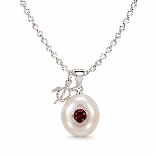 Sterling silver Birthstone Turtle Necklace featuring a genuine pearl and January garnet birthstone with turtle charm.