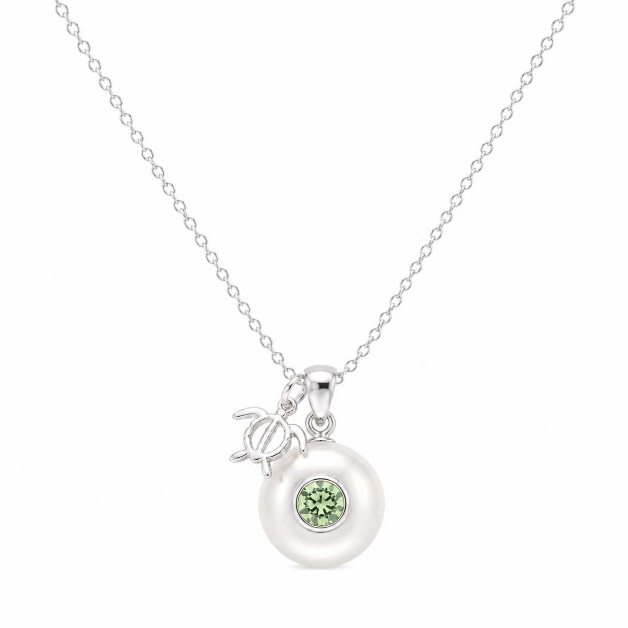 Sterling silver Birthstone Turtle Necklace with genuine pearl and August peridot birthstone.
