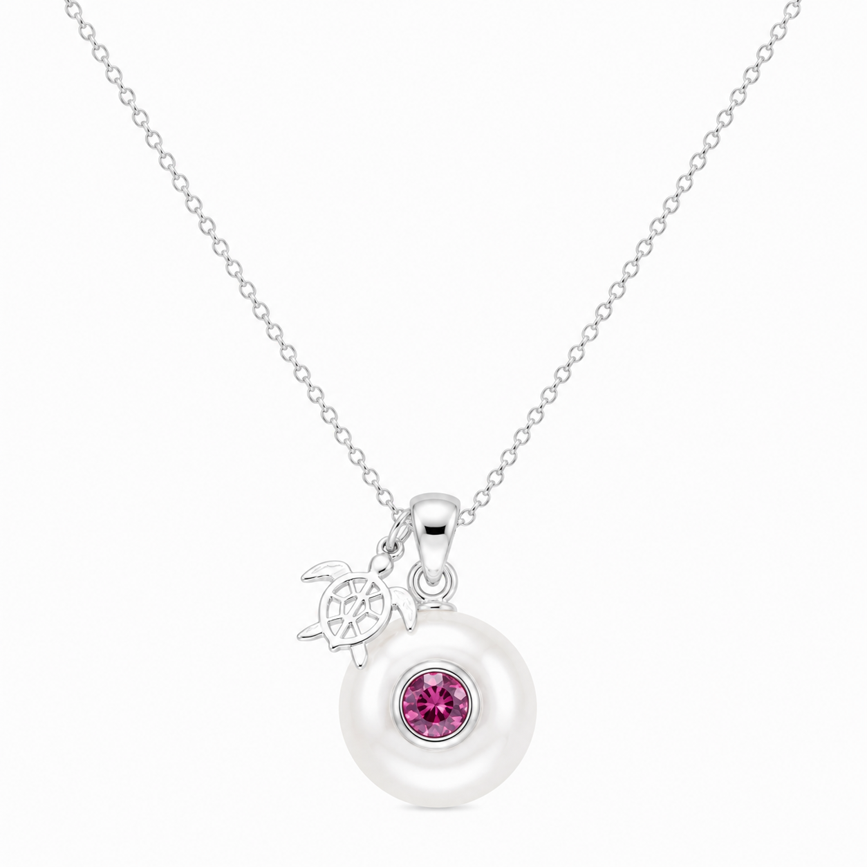 Sterling silver Birthstone Turtle Necklace with genuine pearl and October pink tourmaline birthstone.