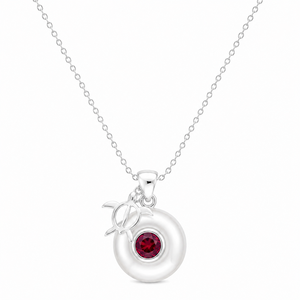 Sterling silver Birthstone Turtle Necklace with genuine pearl and June alexandrite birthstone.