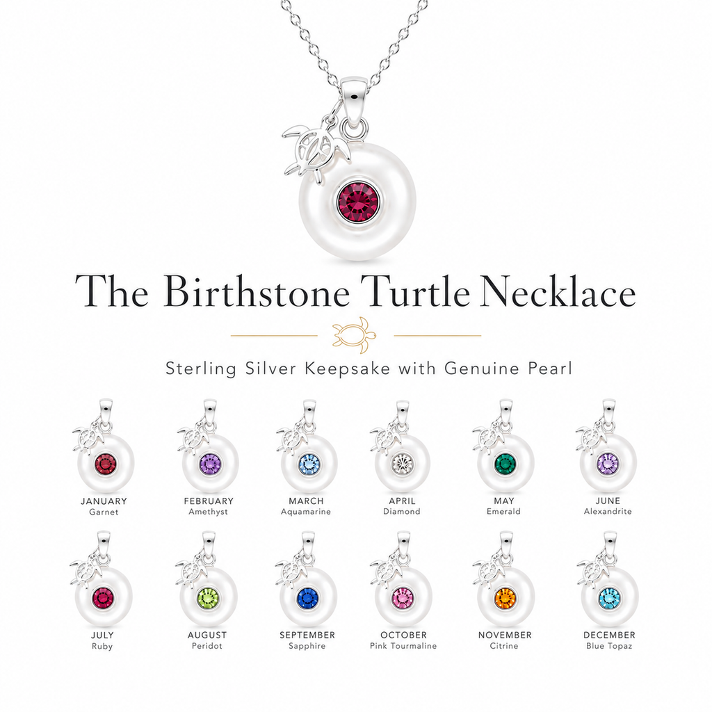 The Birthstone Turtle Necklace in sterling silver featuring a genuine pearl and twelve birthstone options from January through December. Ocean-inspired keepsake jewelry with a turtle charm.