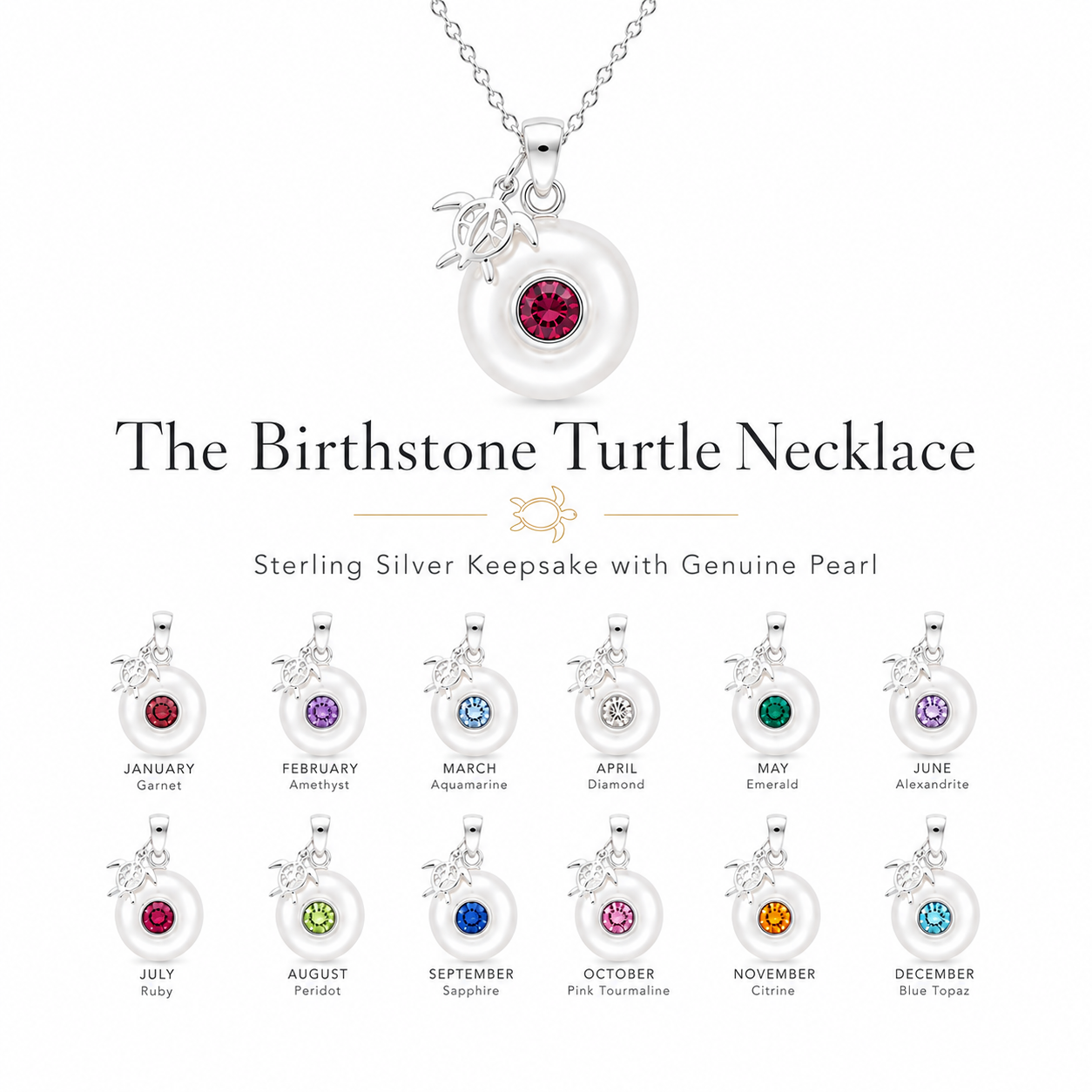 The Birthstone Turtle Necklace in sterling silver featuring a genuine pearl and twelve birthstone options from January through December. Ocean-inspired keepsake jewelry with a turtle charm.