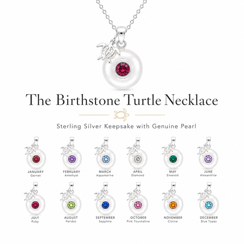 The Birthstone Turtle Necklace in sterling silver featuring a genuine pearl and twelve birthstone options from January through December. Ocean-inspired keepsake jewelry with a turtle charm.