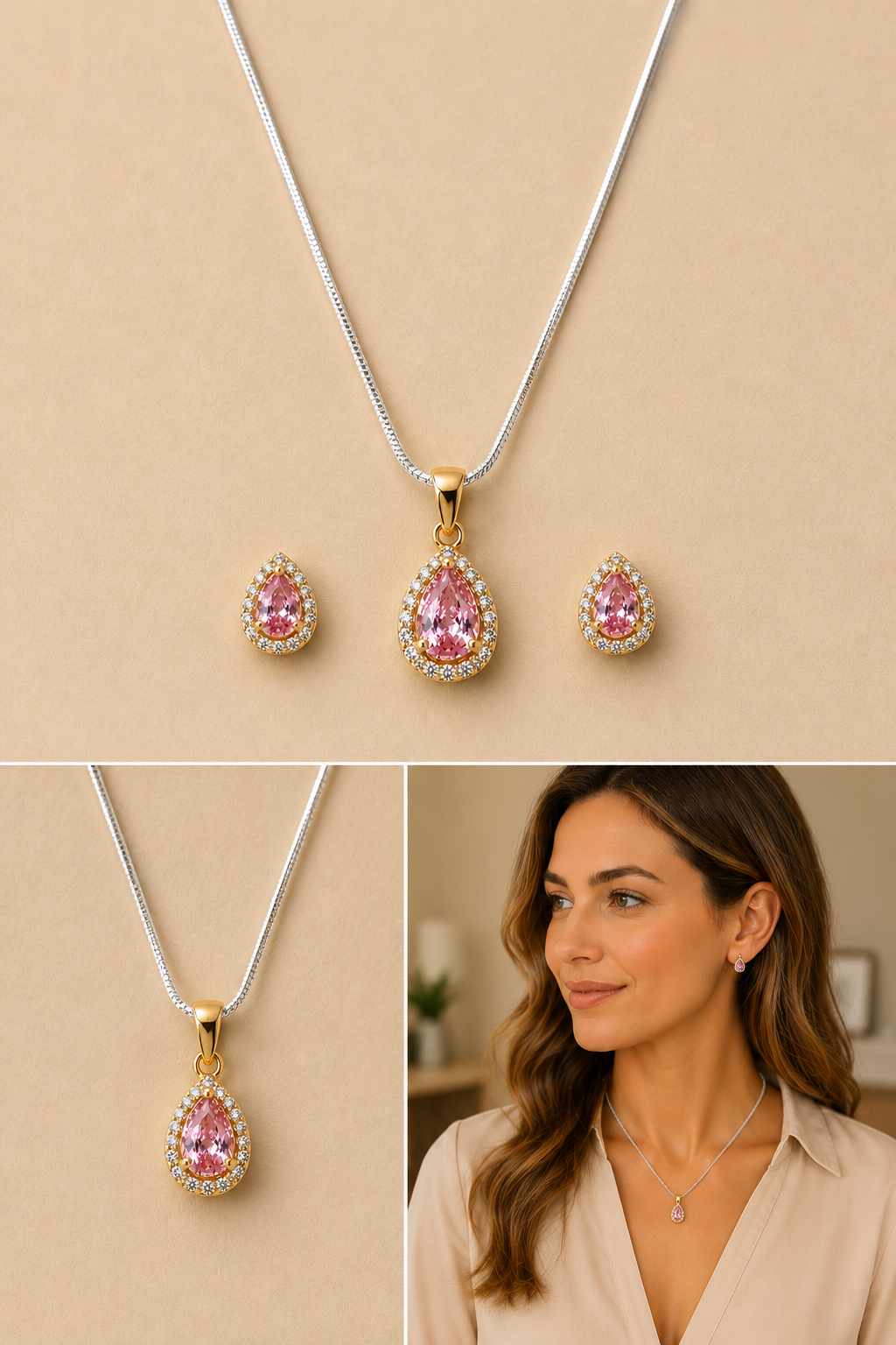 Blush Halo Jewelry Set – Gold Plated Sterling Silver (Pendant & Earrings)