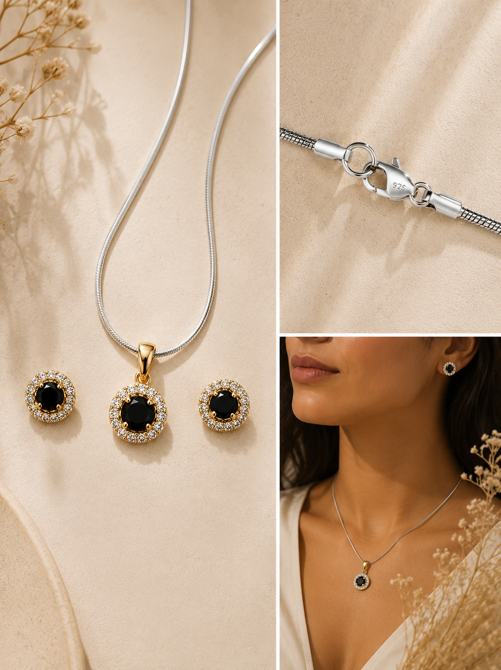 Mancerat Midnight Halo Jewelry Set – Sterling Silver (Pendant & Earrings)