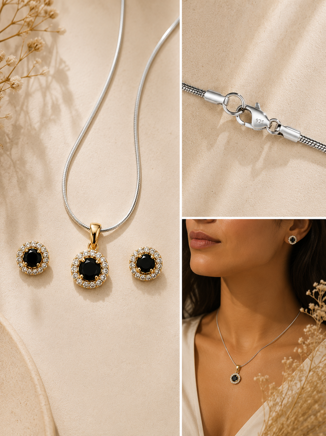 Mancerat Midnight Halo Jewelry Set – Sterling Silver (Pendant & Earrings)