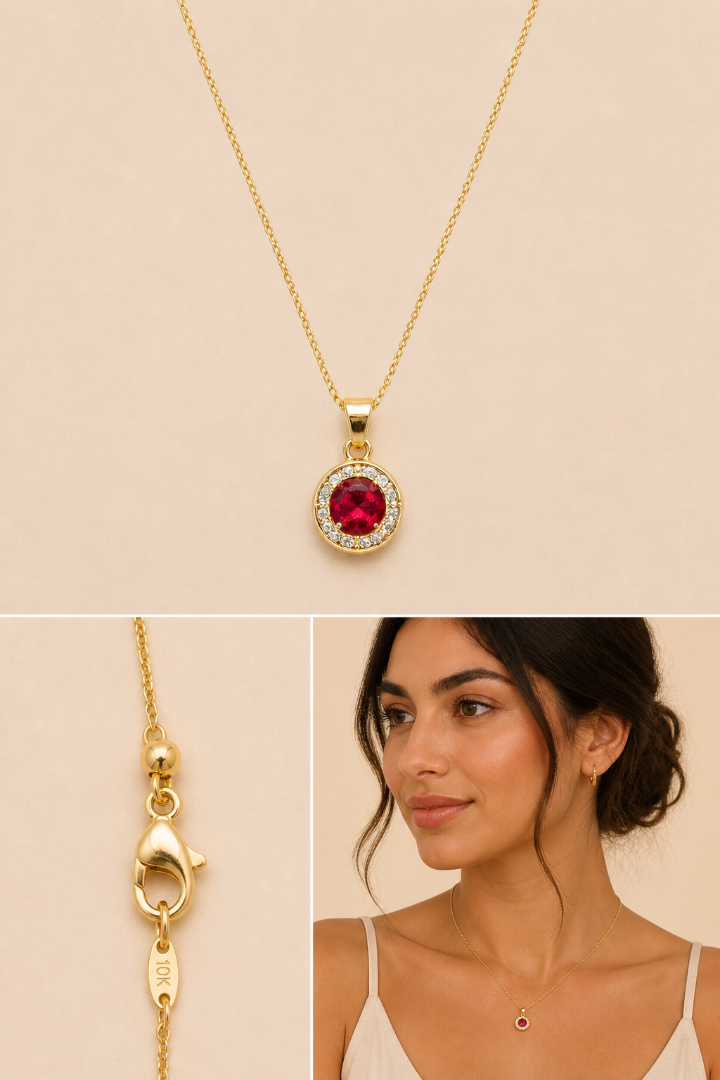 10K Gold Ruby Station Set – Necklace, Pendant & Stud Earrings