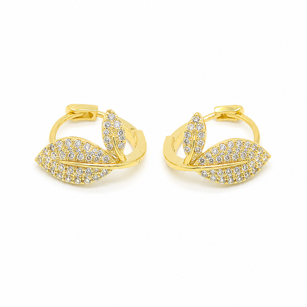 Gold pavé leaf hoop earrings featuring sparkling cubic zirconia stones in a nature-inspired leaf design with secure hinged closures.