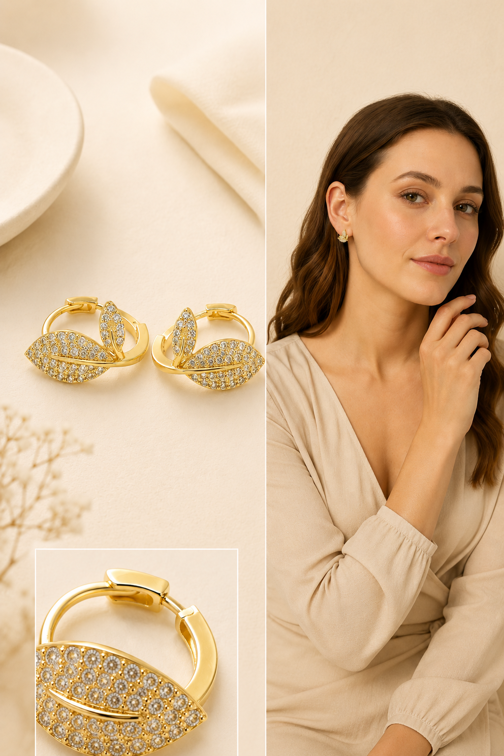 Brunette woman wearing gold pavé leaf hoop earrings with sparkling stones, styled against a soft beige background for an elegant everyday look