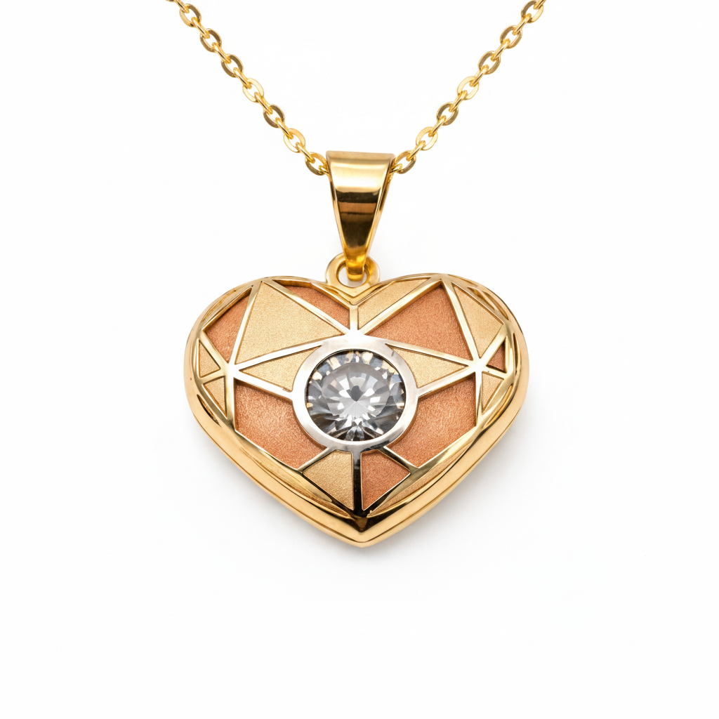 Heart-shaped pendant with gold and rose gold design on a white background