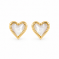 Heart-shaped mother of pearl stud earrings framed in polished gold-plated sterling silver on a clean white background.