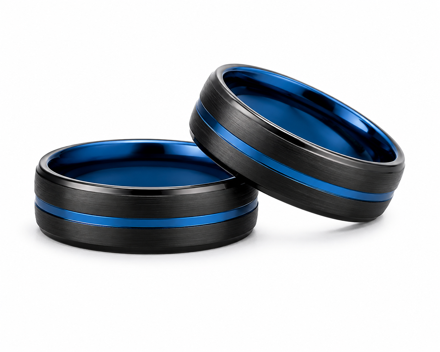 Black tungsten band with blue inlay and polished blue interior shown in product and lifestyle photography