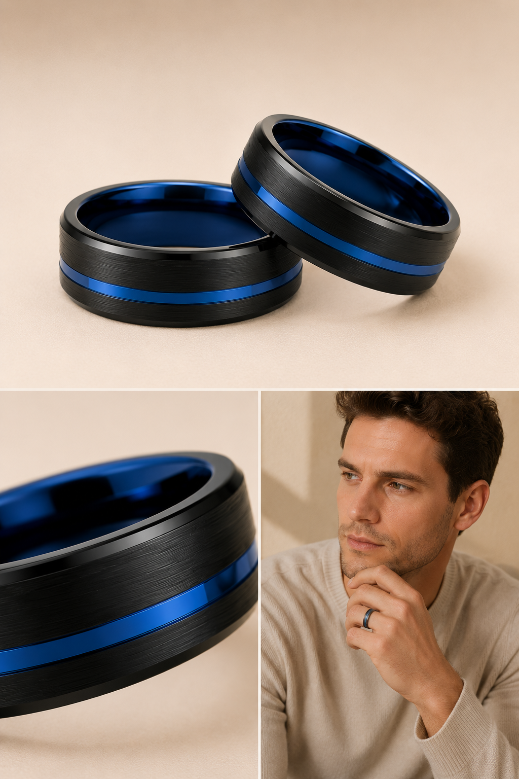 White male model wearing black tungsten ring with blue inlay in soft neutral setting