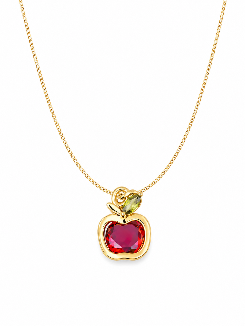 Mini apple pendant necklace crafted in 24K gold filled with ruby-toned crystal detail and optional dainty cable chain lengths.