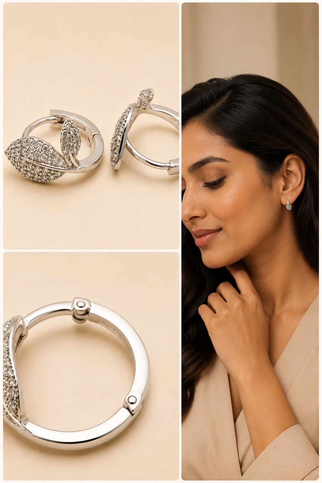 Woman wearing sterling silver CZ leaf hoop earrings styled with a beige top in a soft neutral setting.