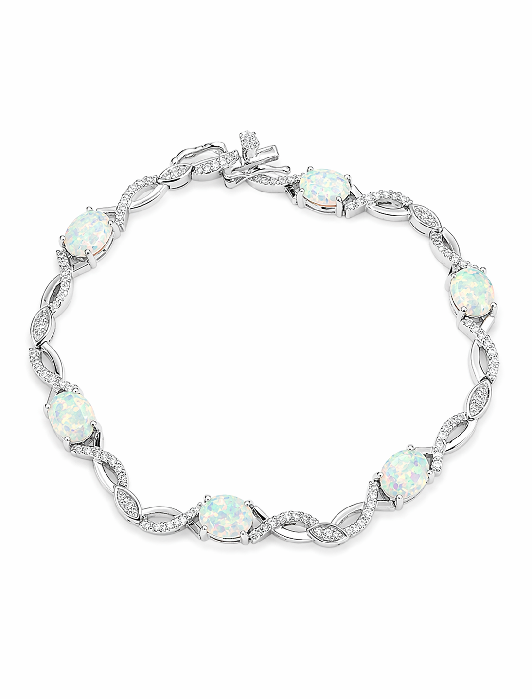 Mancerat sterling silver opal link bracelet featuring iridescent opal stones with sparkling cubic zirconia accents