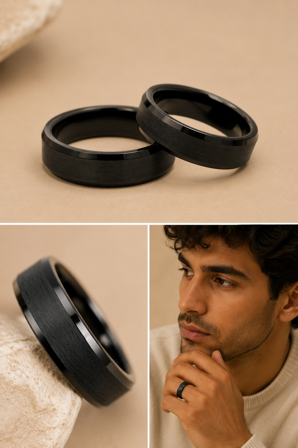 Men’s black satin tungsten ring with brushed finish and polished edges shown in luxury lifestyle and detail photography.