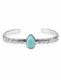 A sterling silver cuff bracelet with an engraved floral pattern and a central teardrop-shaped turquoise stone, shown on a plain white background. The inside of the band is marked '925 Aloha'.