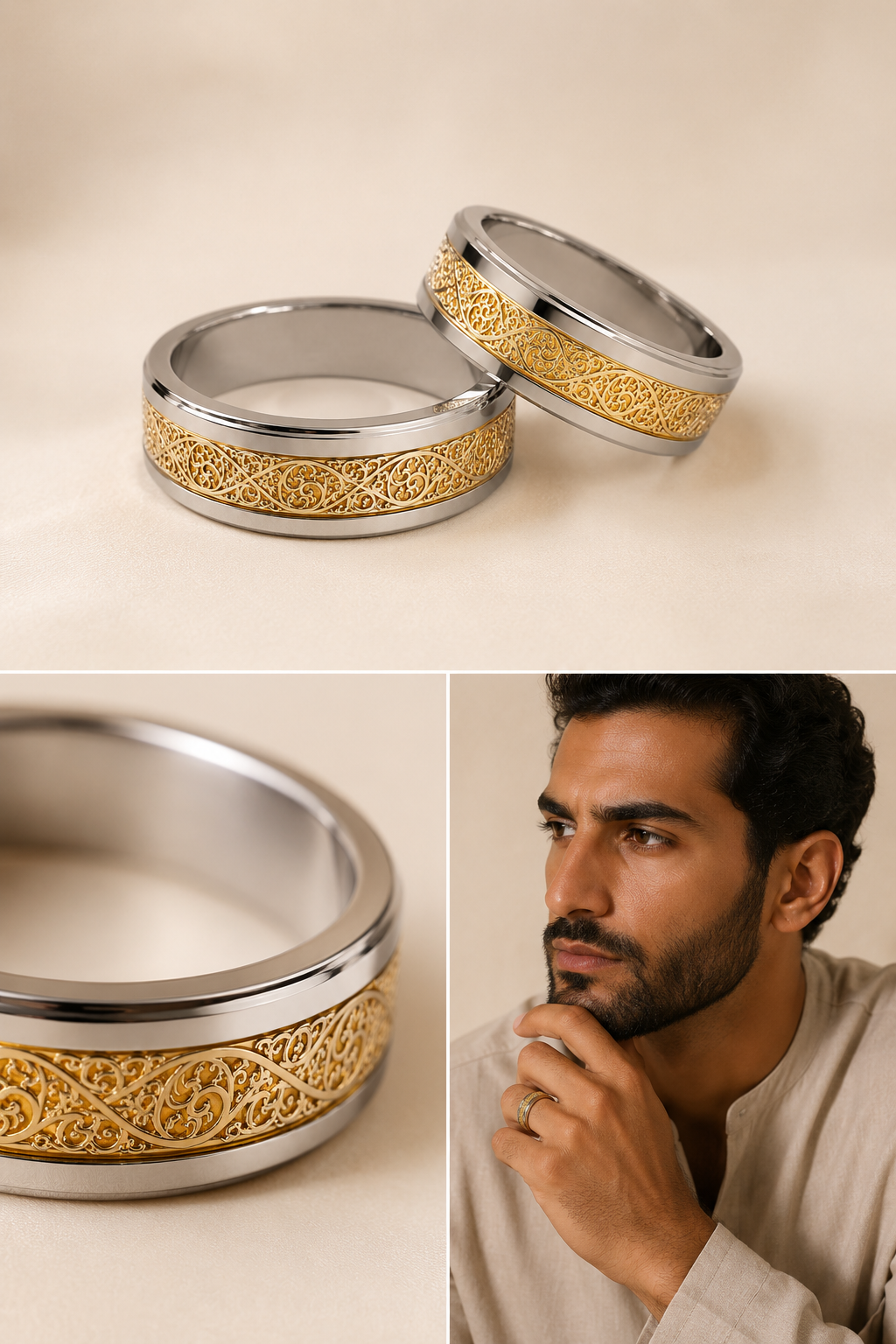 Lifestyle collage featuring a two-tone tungsten ring with intricate gold scroll detailing, including close-up product shots and a male model wearing the ring against a warm beige background.