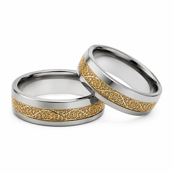 Two-tone tungsten ring featuring intricate gold scroll inlay detailing with polished silver-tone edges on a clean white background.
