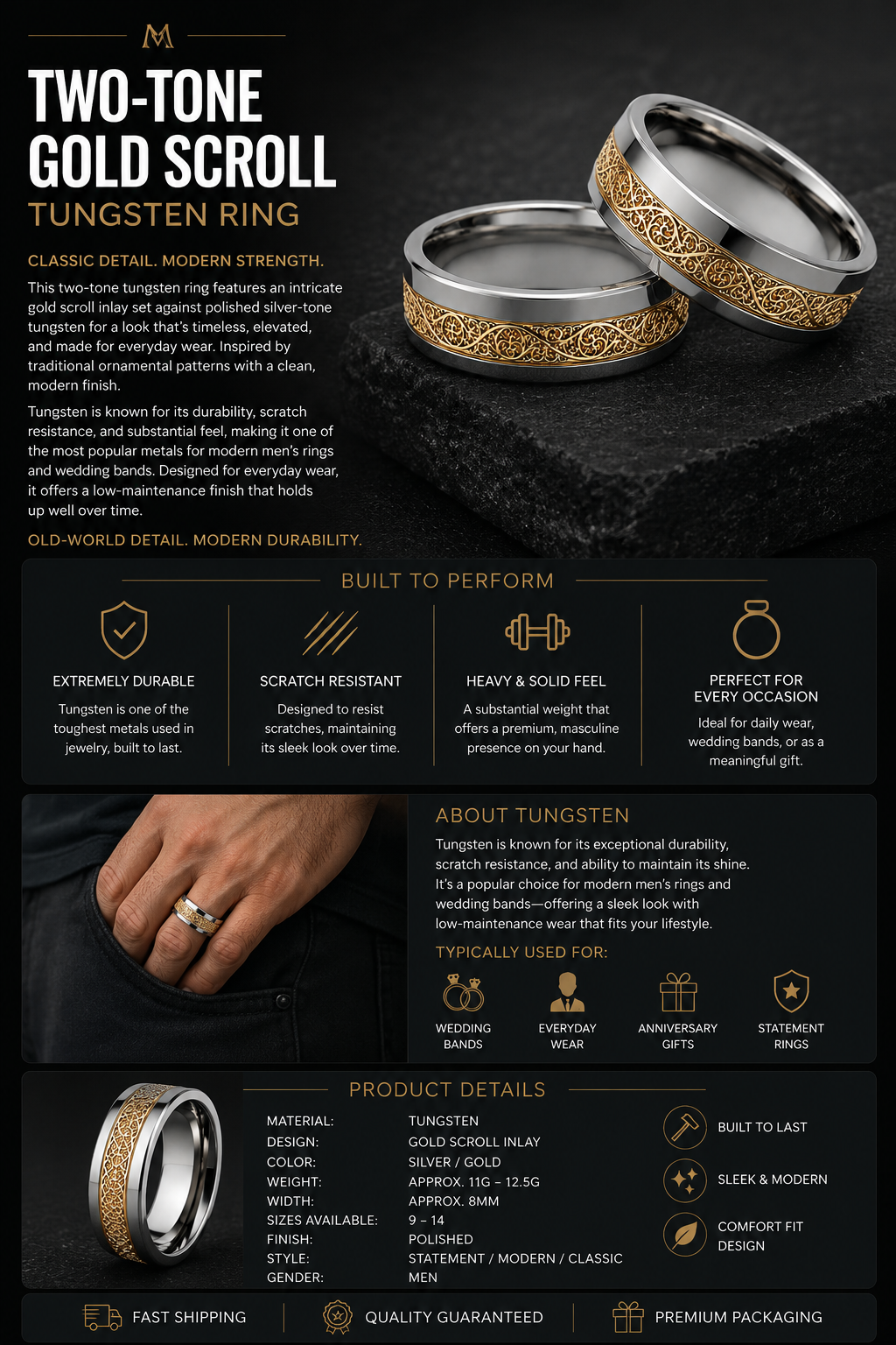 Two-Tone Gold Scroll Tungsten Ring